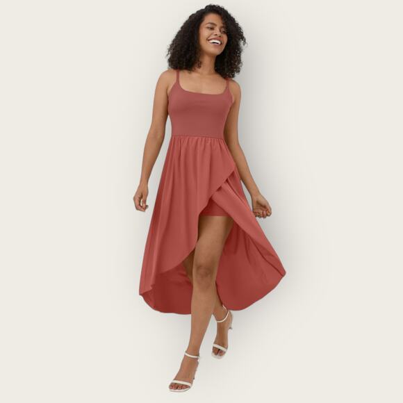 Halara Backless 2-Piece Midi Dress | XL | Kapok Red Flowy High Low Hem - Picture 2 of 9